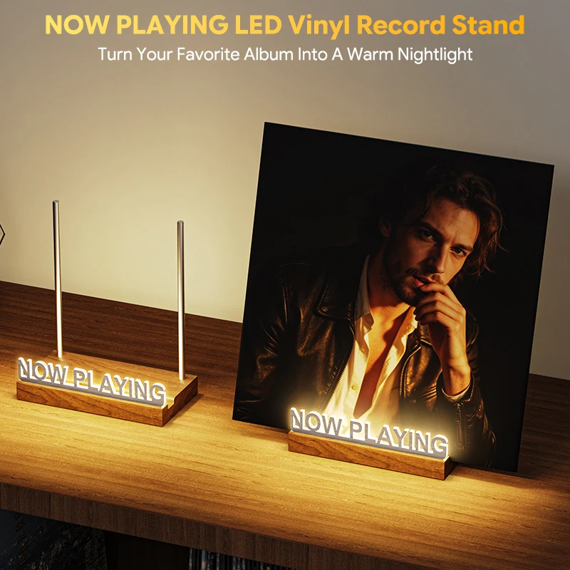 LED Now Playing Vinyl Record Stand Walnut Base Dimmable Light Acrylic LP Holder Aluminum Rod Anti-Fingerprint Desktop Decor