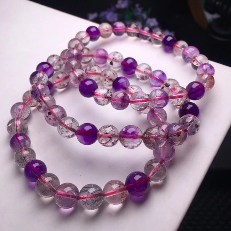 Natural Purple Super Seven 7 Colorful Rutilated Quartz Bracelet Clear Round Beads 8.5mm Women Men Jewelry Fashion AAAAAA