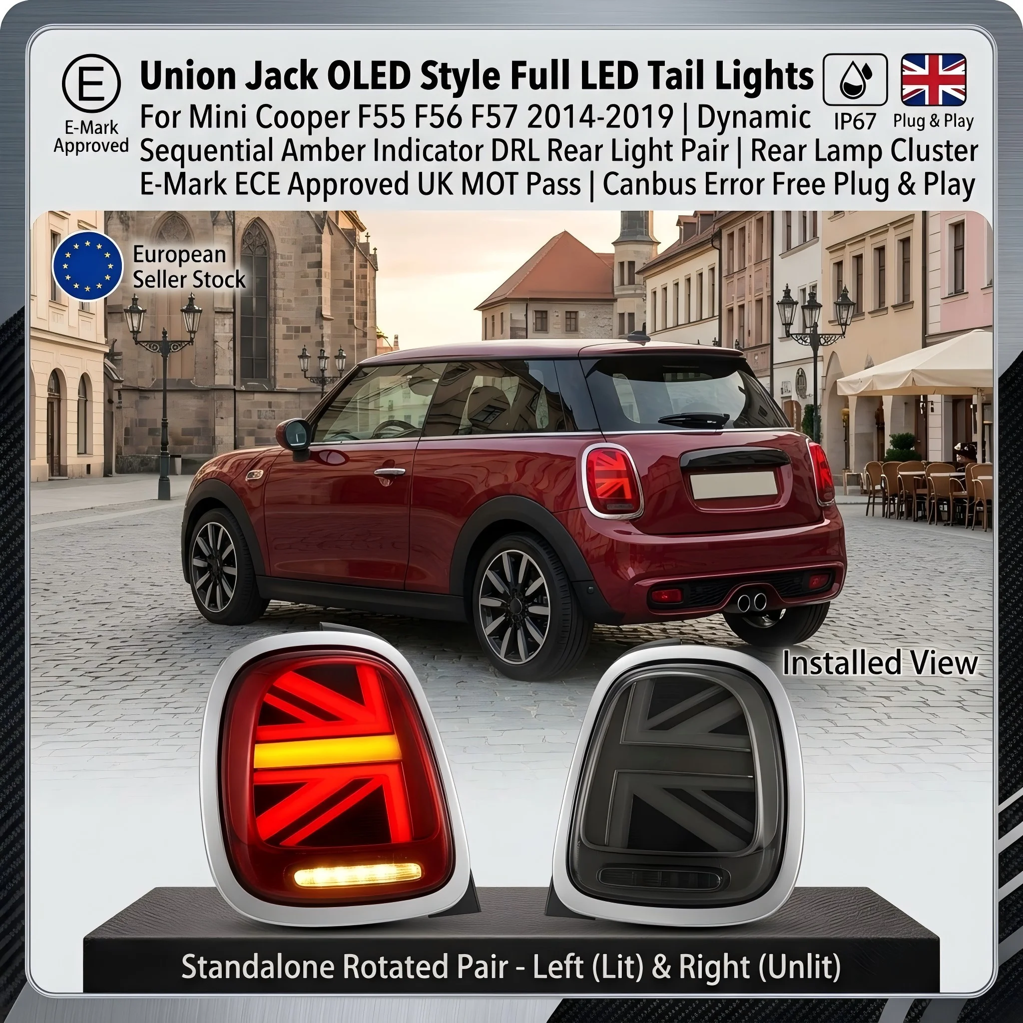 Fanali posteriori a LED completi, stile Union Jack OLED, per Mini Cooper F55 F56 F57, modelli 2014-2019. | Coppia di Luci Posteriori con Indicatori Sequenziali Dinamici Ambra e DRL | Gruppo fanali