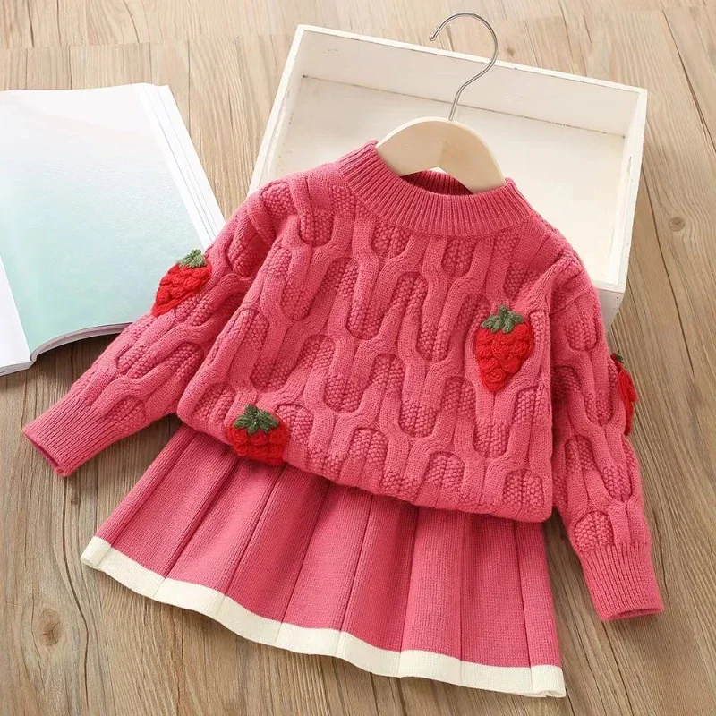 

Children's Sweater Set Autumn and Winter New Girls Strawberry Decal Knitted Long-sleeved Sweater + Sweater Skirt Two-piece Suit