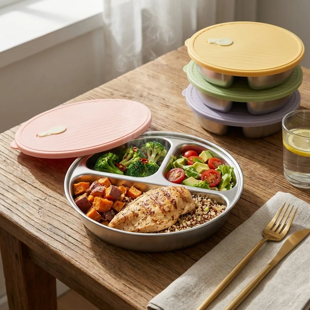 304 Stainless Steel Divided Food Plate Dish With Lid Reusable Students Kids 3-Compartment Dinning Plate Microwave Safe Tableware
