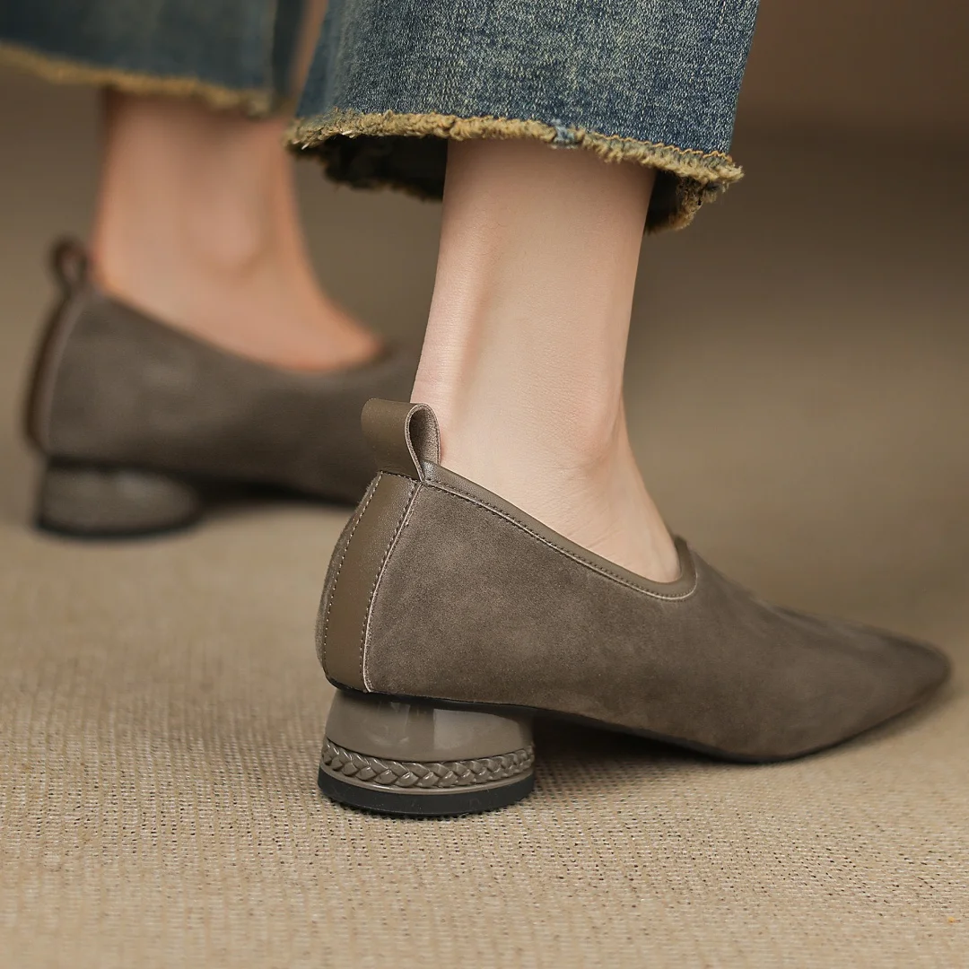 Zapatos de tacón sin cordones elásticos con punta cuadrada de piel de ante natural para mujer de talla grande 34-41, zapatos informales de tacón bajo redondo de 3cm para uso diario