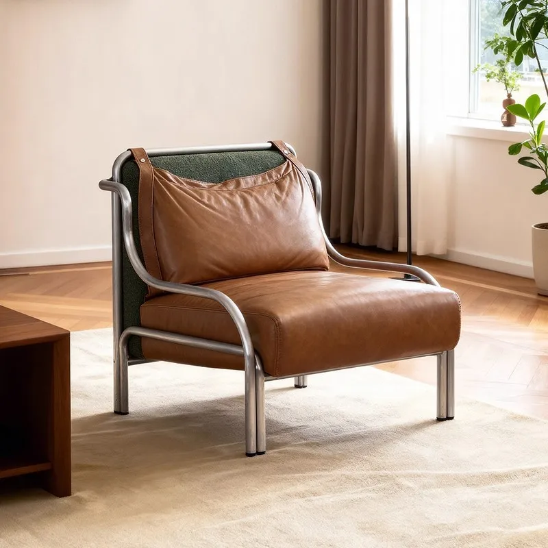 Medieval leather single sofa leisure chair stainless steel brown leather art chair study cafe B & B available