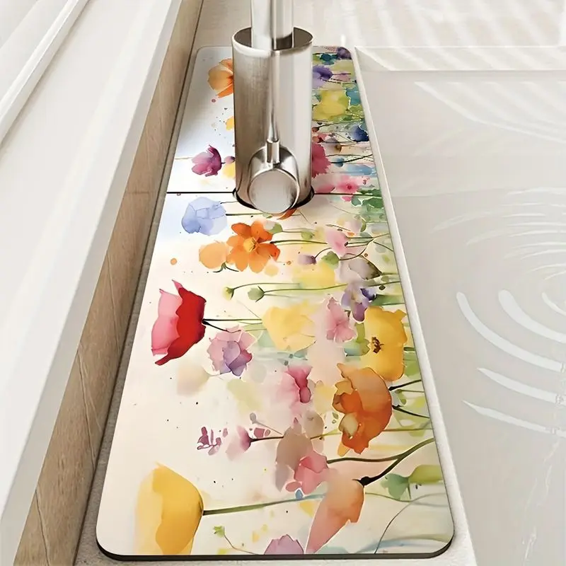 VIKAMA Watercolor Poppy Floral Faucet Mat Diatomite Super Absorbent Non Slip Bathroom Sink Tap Draining Pad Home Decor