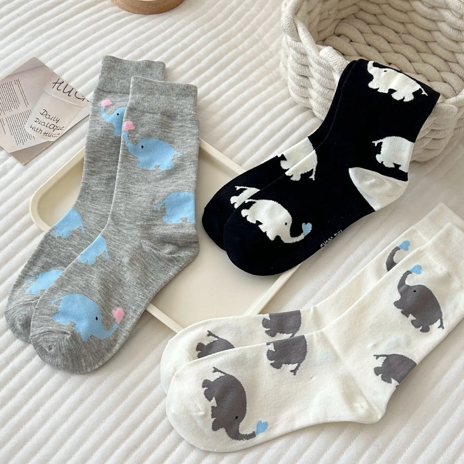Cotton Socks Splicing Contrasting Colors Cartoon Cute Baby Elephant Socks Women's Stacked Medium Tube Socks