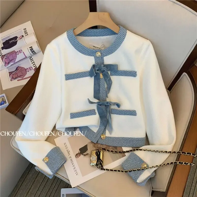 Women Vintage Jacquard Elegant Suit Jacke Coat Top And Pant Two Piece Set Matching Outfit Female Tweed Fragrant White Clothing