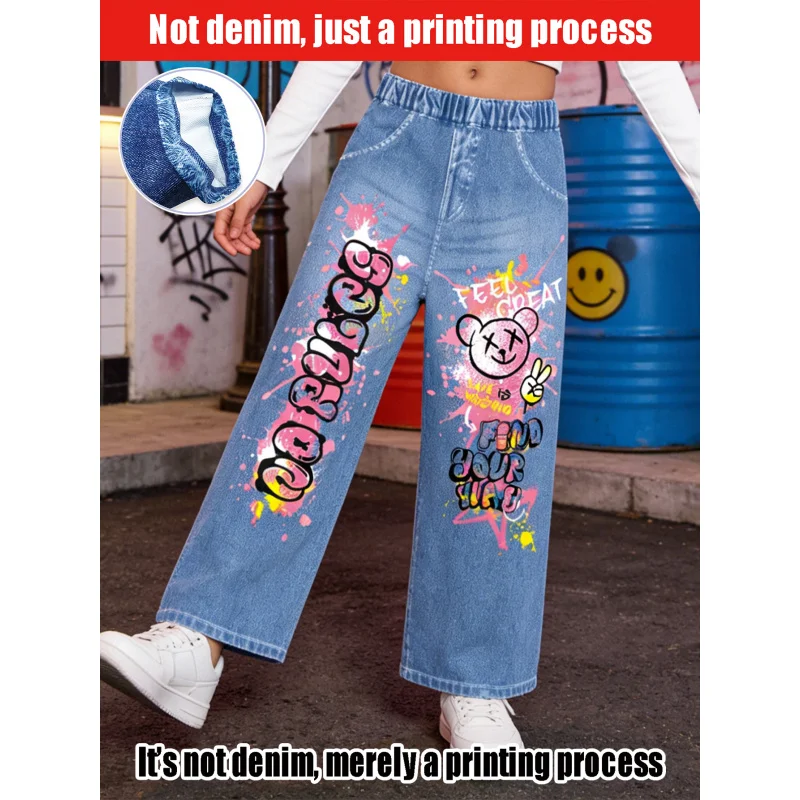 2026Children's Popular Cartoon Bear Graffiti Imitation Jeans Children's Street Style Casual Fashion Long Pants