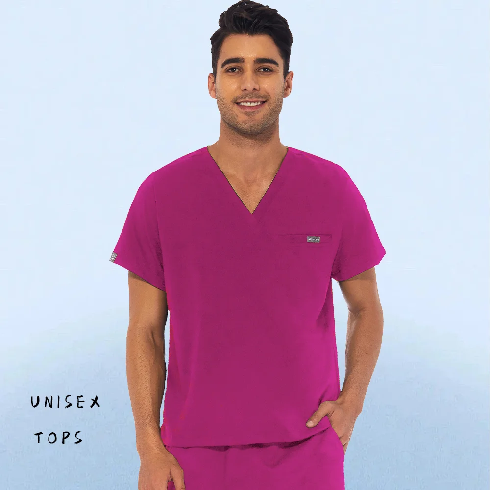 Short Sleeve Scrubs Tops Plus Size Medical Uniforms Women Nursing Clothes V Neck Mens Scrub Shirt Doctor Workwear Vet Pure Color