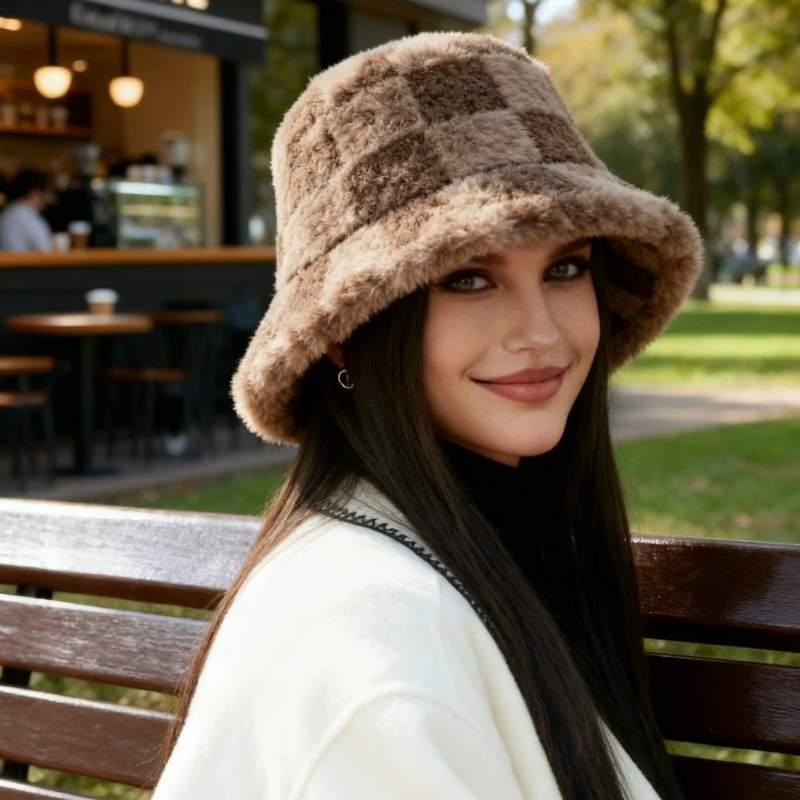 Multi-color Faux Fur Checkered - Bucket Hat Embroidered recension och pris