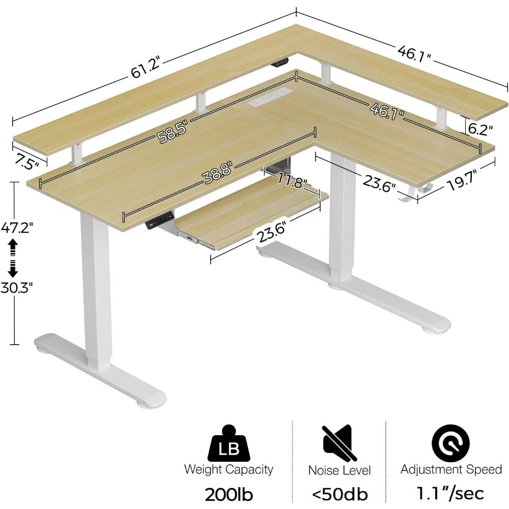 Electric Standing Desk L Shaped with LED Light & Power Outlet, Dual Motor Height Adjustable, Includes Monitor Stand &