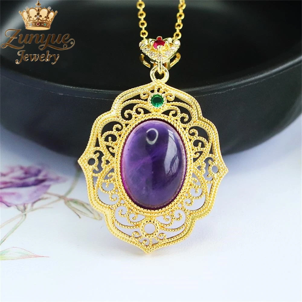 Natural Amethyst Colored Gemstone With Hollowed-Out Retro Ruyi Pattern Pendant Luxury Quality Fashion Jewelry Exquisite Elegant