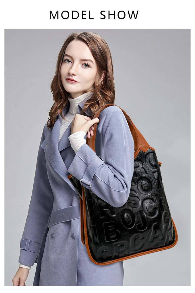 Aidrani Damen-Handtasche mit großer Kapazität, Leder, Rindsleder, Farbblock-Design, Aufschrift, Aufbewahrungstasche, Damen-Tragetasche mit Reißverschluss – Detail 1