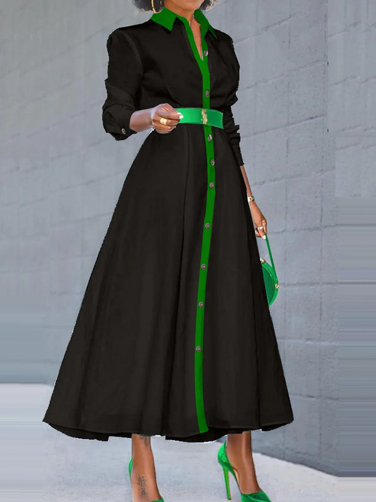 Plus Size Women Color Block Shirt Maxi Dress,Long Sleeve Collared Button Front High Slit Flowy Long Dress With Green Belt,Elegan view 3