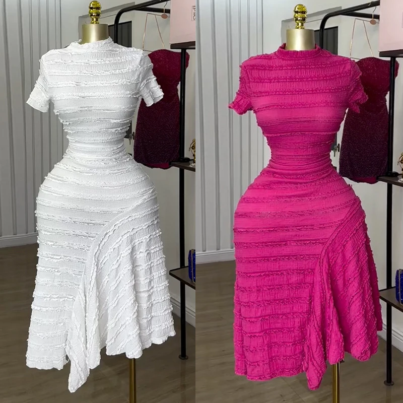 Women Short Sleeve 2025 New High Neck Big Swing Elastic Dress Sweet Elegant Sexy Birthday Night Party Vestidos Event Dresses