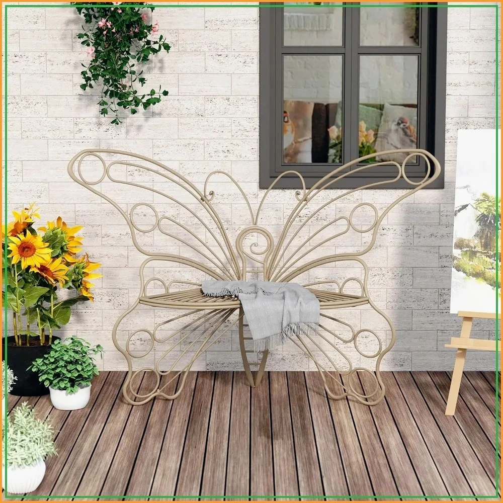 50 inch Outdoor Bench, Iron Frame, Butterfly Design Patio Bench for Garden, Porch, Lawn