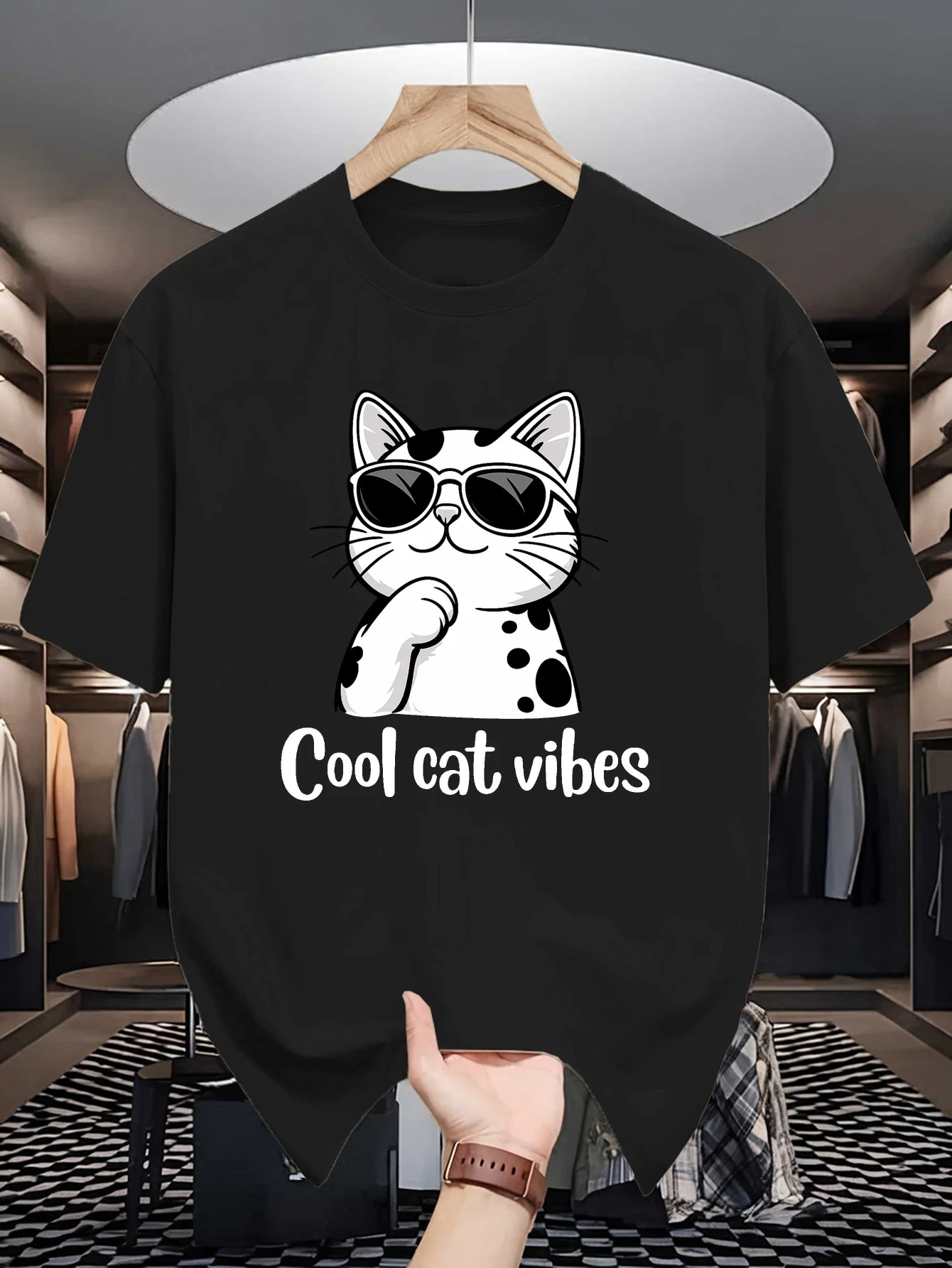 Cool Cat Vibes Mens Short Sleeve T Shirt Sunglasses Spotted Cat Print Lightweight Daily Street Fashion Tee For Animal Pet Lovers