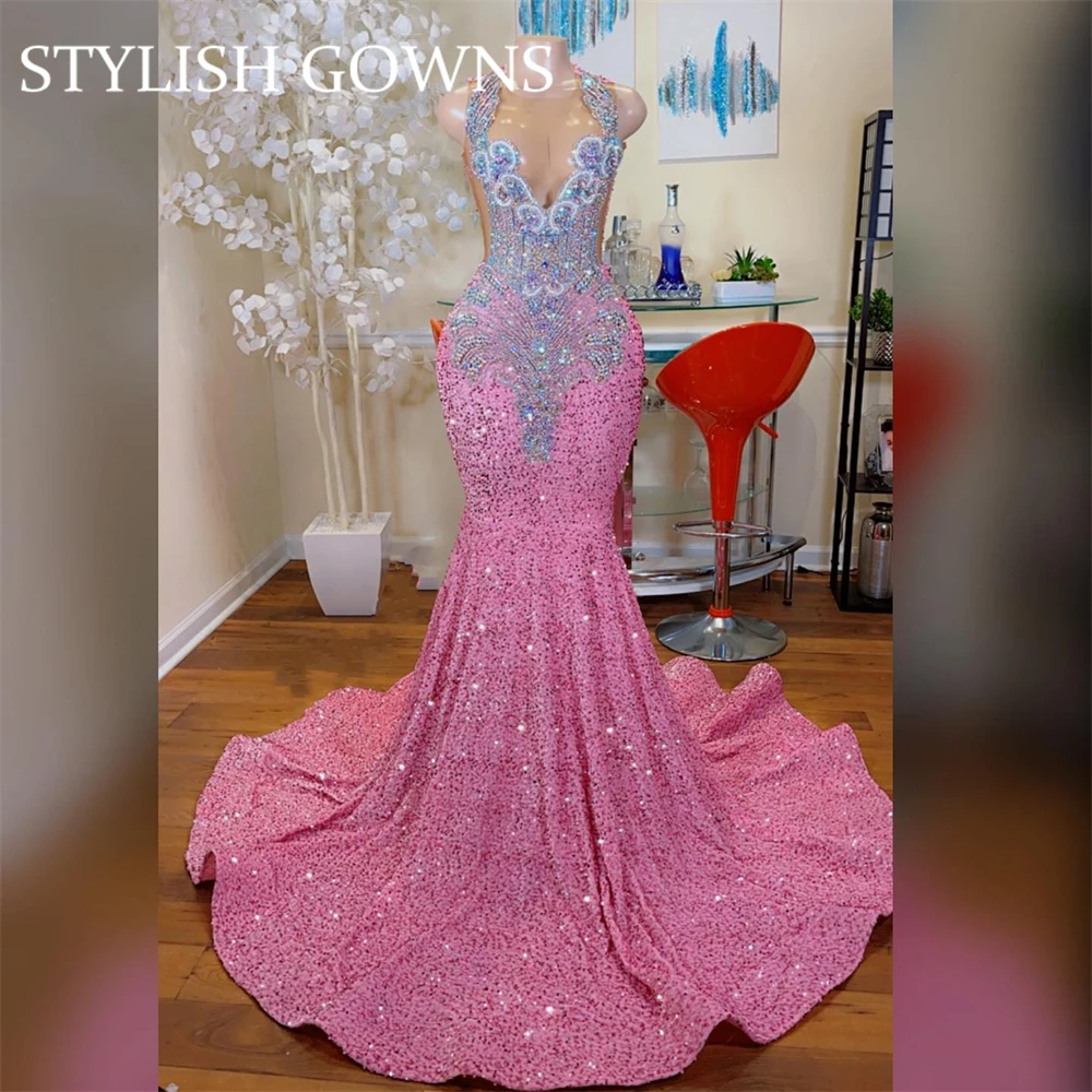 

Sparkly Pink Sequin O N Long Prom Dress Black Girls 2024 Bead Crystal Evening Gowns Mermaid Birthday Party Gown Robe Customized