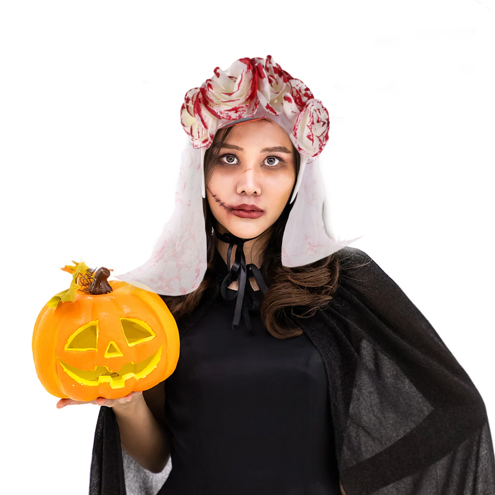 Fascia per capelli con velo da sposa fantasma Accessorio per Halloween Giorno del costume Copricapo in rete con corona floreale