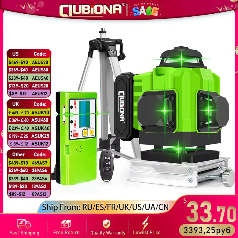 Clubiona 3D/4D 12/16 Lines laser level professional super powerful green line and lithium-ion battery remote control pulse mode