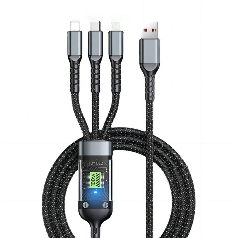 3 In 1 USB Charge Cable Micro Usb Type C 66w Spliter Cord Fast Charging Multiple Data Cable With Clear Screen