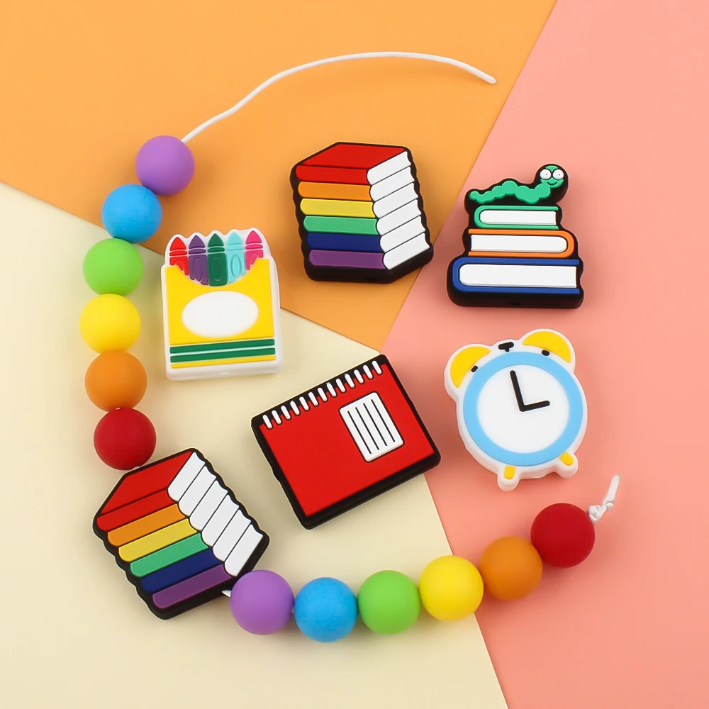 5/10PCS Silicone Focal Beads Book Pencil Alarm Clock Silicone Beads DIY Bracelet Necklaces Pen Accessories For Jewelry Making
