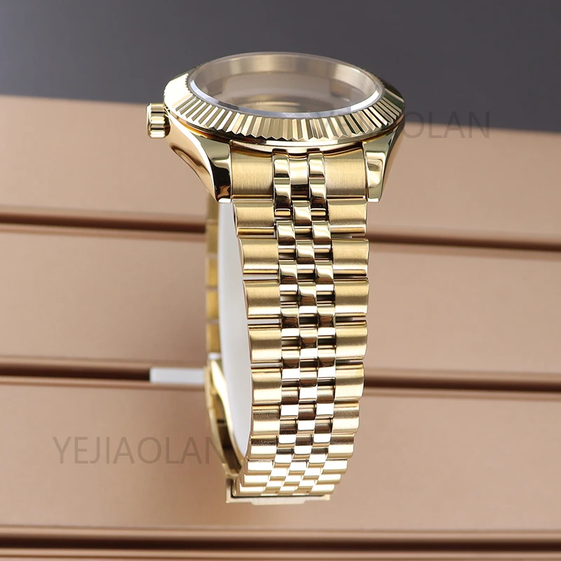 Caja de reloj curvada estriada dorada, 36mm, 39mm, zafiro para SK DJ NH35 NH36 NH38 NH34 Miyota 8215, movimiento, pulsera de Jubileo con esfera de 28,5mm