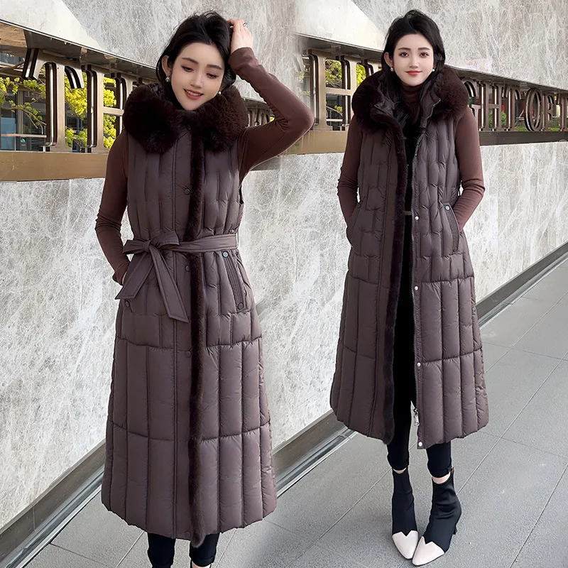 

Thicken Long Down Cotton Vest Women Outerwear New Fashion Imitation Wool Collar Belt Sleeveless Hooded Jacket Female Waistcoat