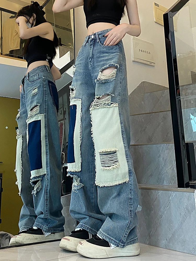 Vintage Women Patchwork Denim Pants Holes Ripped Streetwear Pocket High Waist Fashion 2023 Summer New Wide Leg Straight Jeans