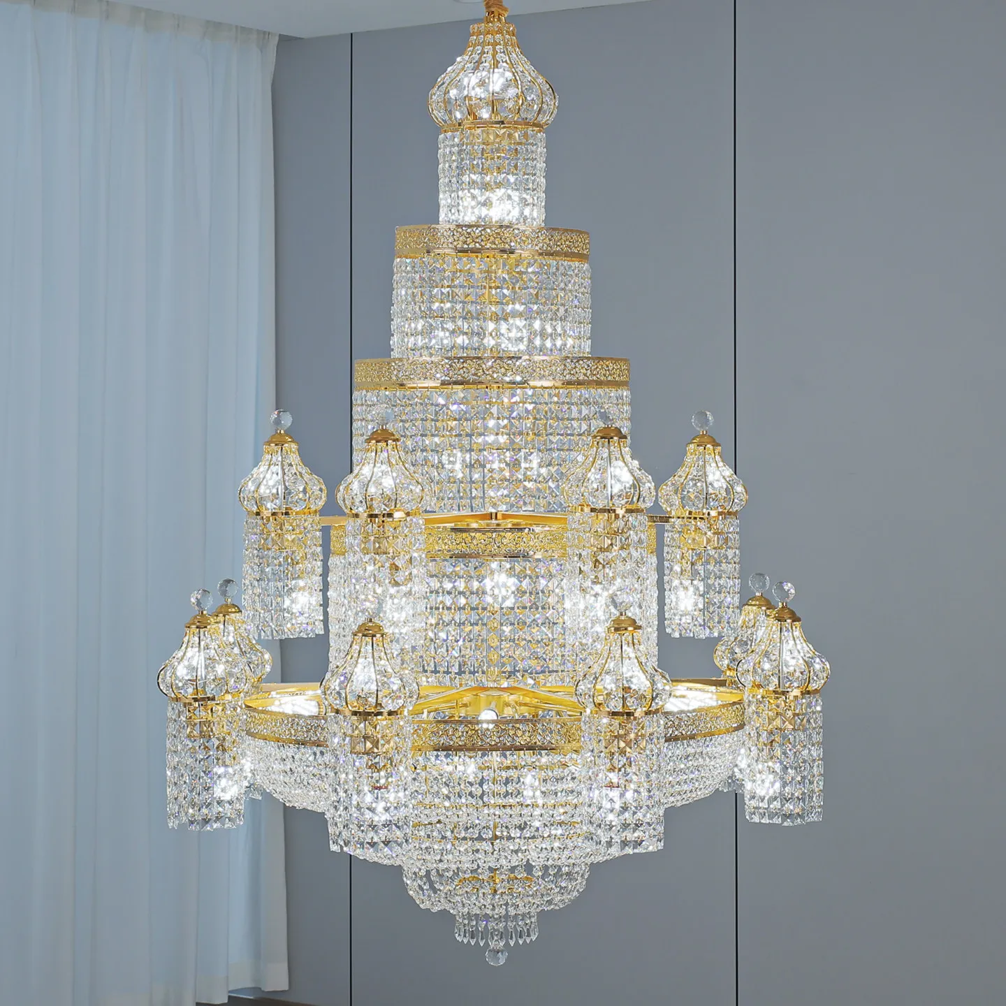 European Crystal Banquet Project Chandelier Modern Duplex Staircase Led Chandelier Golden Multi-layer Palace Style Lustre Lamps