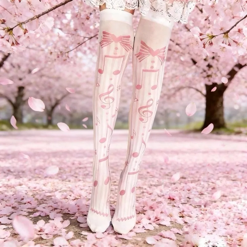 Cute Pink Princess Lolita Over The Knee Stockings Love Bow Printed Stockings Girl Summer Thin Party Dating Socks Cosplay