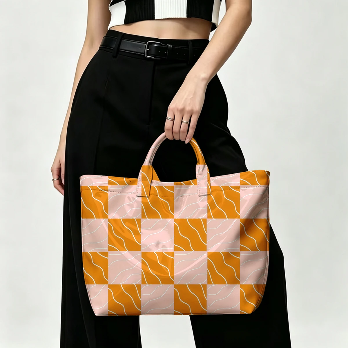 checkered lines orange pink Fashion Bag Transparent PVC Waterproof Handbag Large Capacity Daily Commute Shoulder Tote Mummy Bag