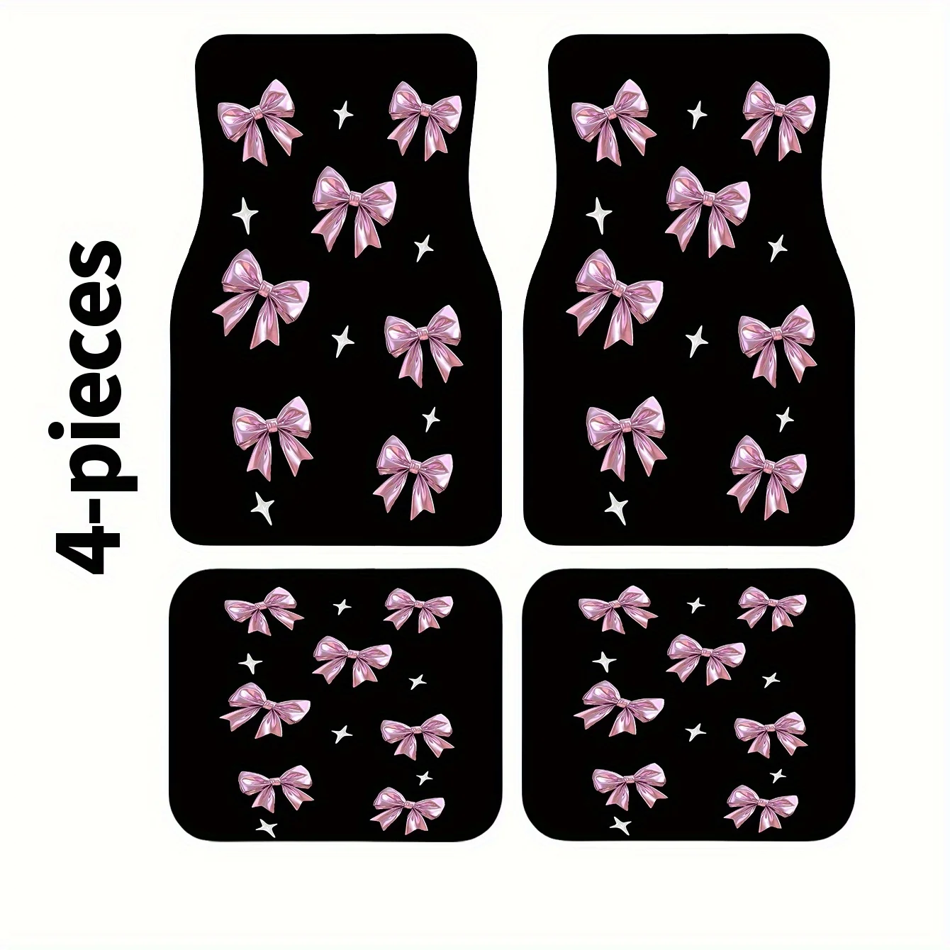 

4pcs Pink Bow Print Car Mats - Fit For Front/Rear Seats & Trunk, Elegant Bow Accent All-Season Vehicle Carpet, Easy Install & Cl