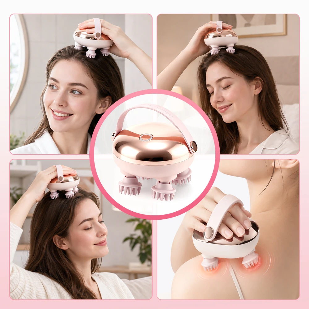 Electric Scalp Massager 360° Kneading Warm Glow Portable Silicone Head USB-C 2 Speeds 15-Min Timer Body Relaxation Home Use
