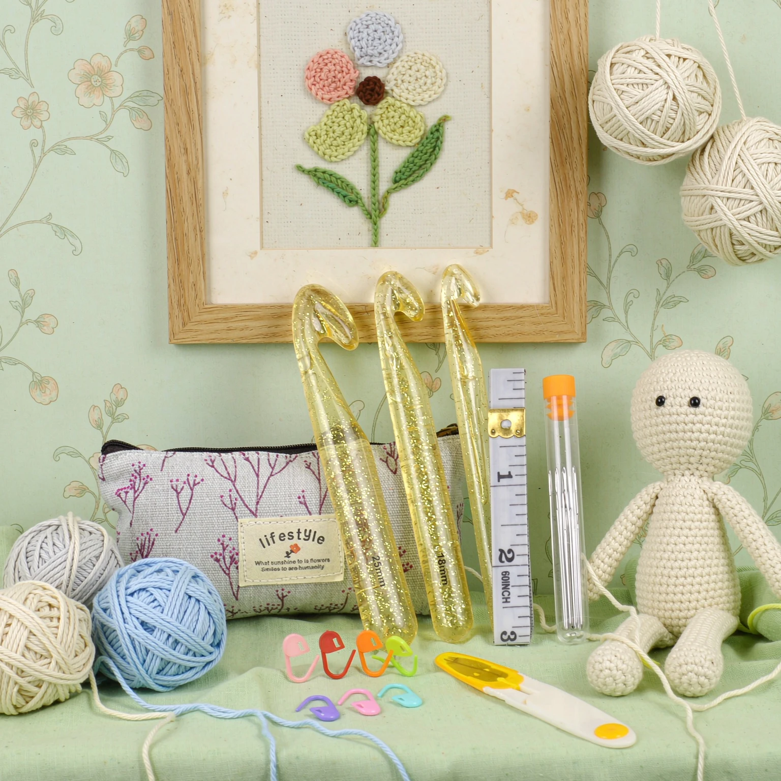 Crochet Needles Kit – Large Gauge Hooks with Accessories Storage Pouch, Comfortable Grip for Handmade Weaving, Sewing Craft TMZ