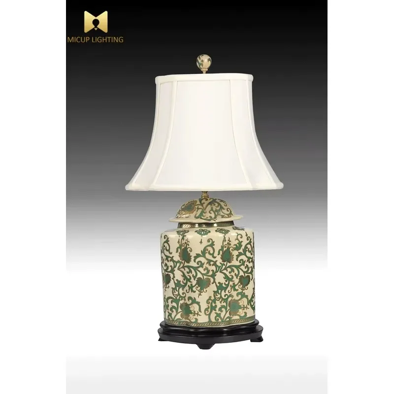 Green Floral Ceramic Table Lamp White Fabric Shade Traditional Chinese Style Decor for Bedroom Living Room Home Lighting