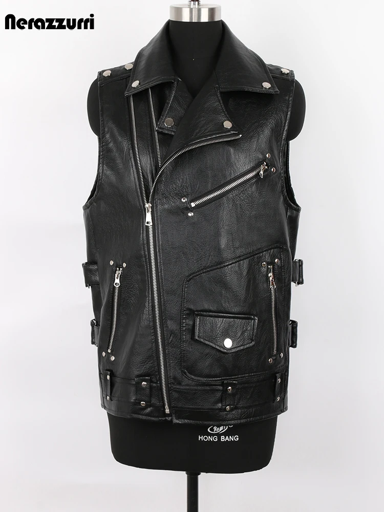 Mauroicardi jesień czarny motocykl Pu skórzana kamizelka mężczyźni na zamek błyskawiczny z kieszeniami Plus rozmiar Faux Leather Biker bezrękawnik 4xl 5xl