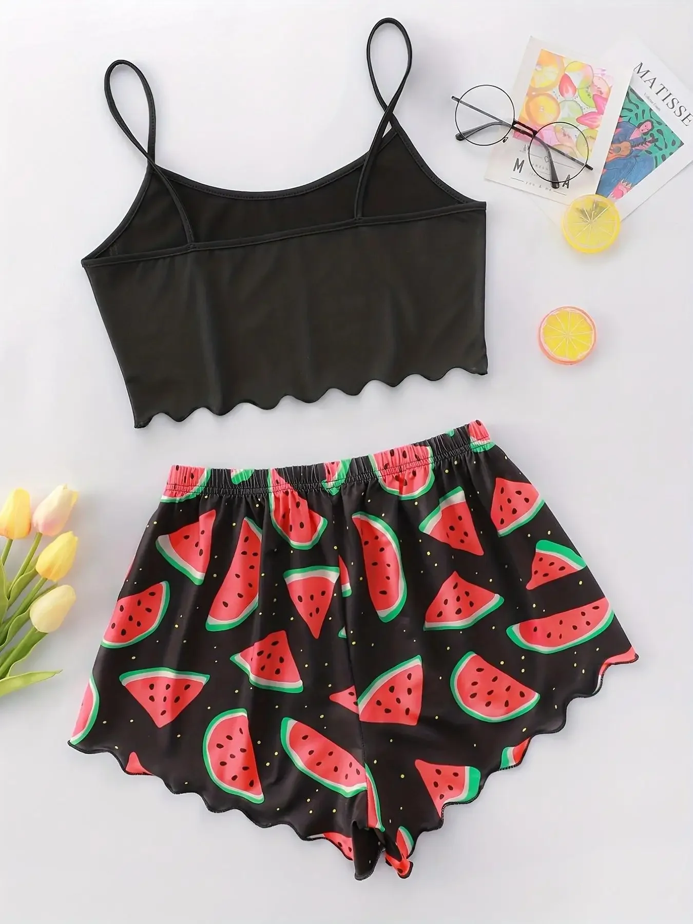 Watermelon Lettuce Women Pajama Set Sleeveless O Neck Crop Top & Elastic Waist Shorts 2 Pieces Female Sleepwear Summer Nightwear