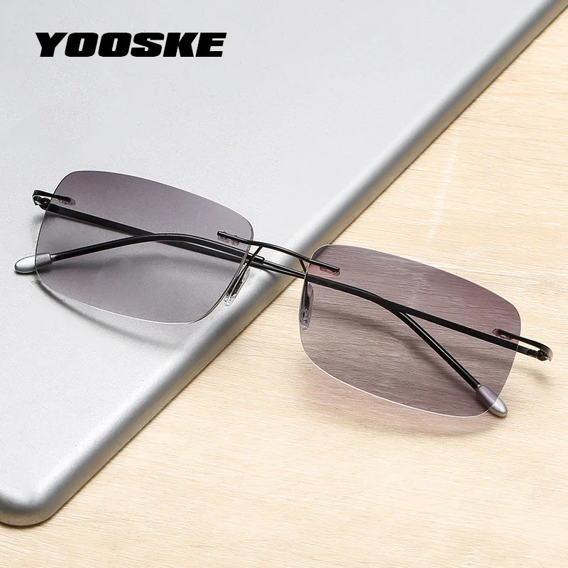 YOOSKE Frameless Bifocal Reading Glasses Men Titanium Alloy Sunglasses Male Anti Blue Light Eyewear Far Near dual-use presbyopic