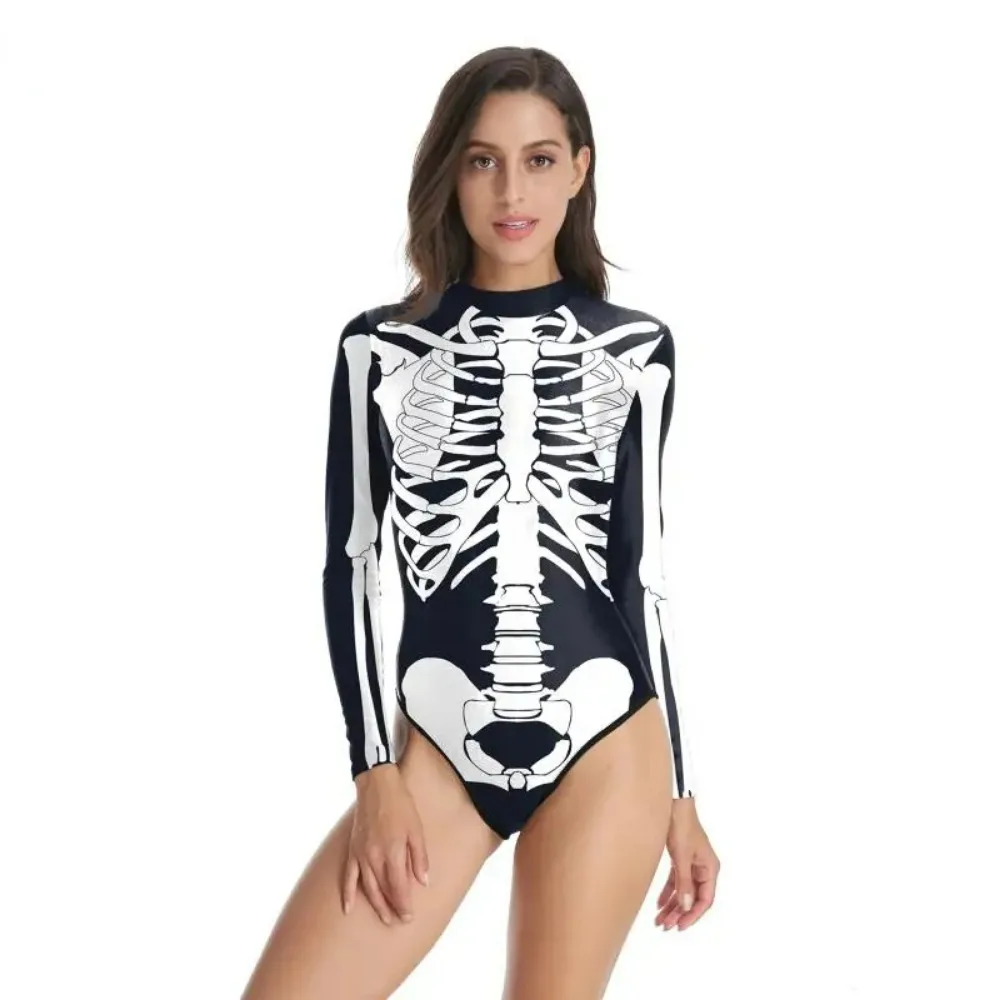 [Teanoon] Adult Scary Skeleton Swimsuit Halloween Cosplay Party Rompers Day Of The Dead Zentai Jumpsuit Party Suits