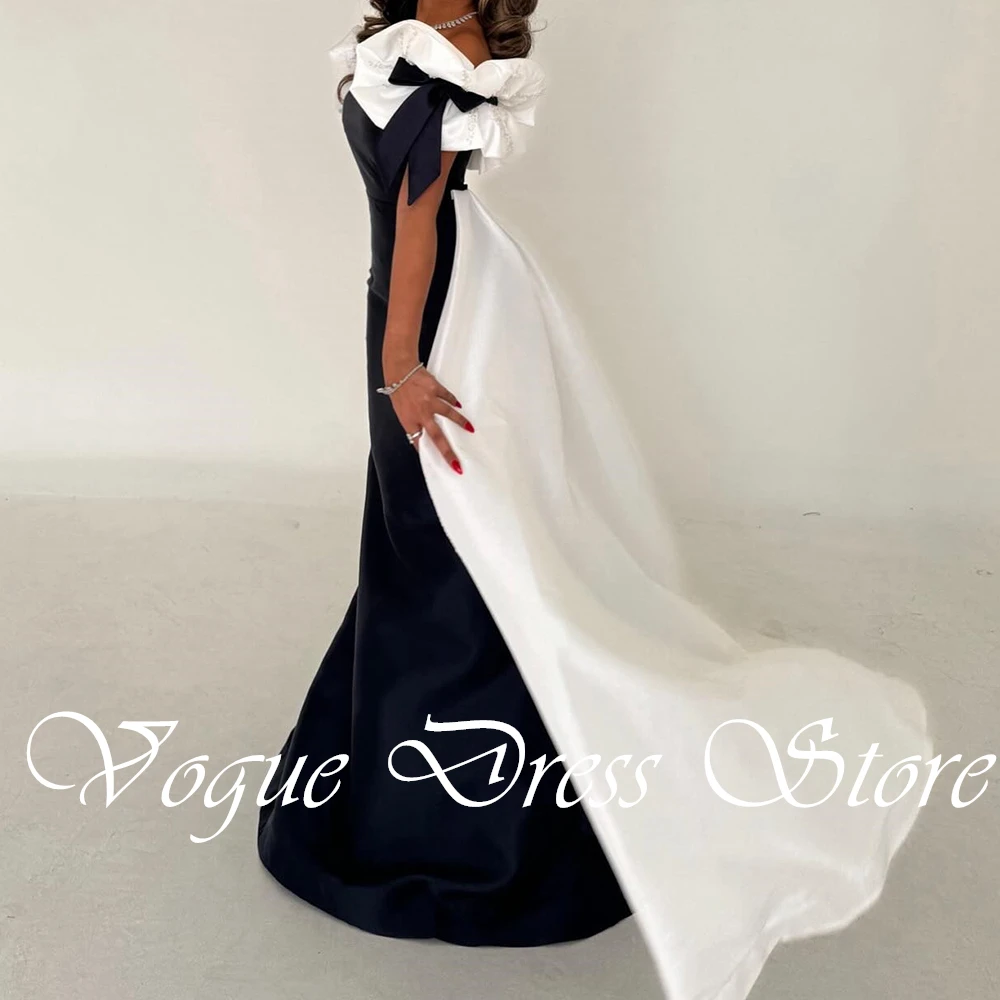 Customized Elegant Crystal Bow Satin Off the Shoulder Mermaid Evening Dress Delicate Short Sleeves Panel Train Celebrity Gowns