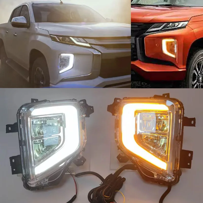 

Светодиодная дневная подсветка для Mitsubishi Triton L200 2019 2020, противотуманная фара с желтым указателем поворота, светодиодная противотуманная лампа, светодиодные дневные ходовые огни