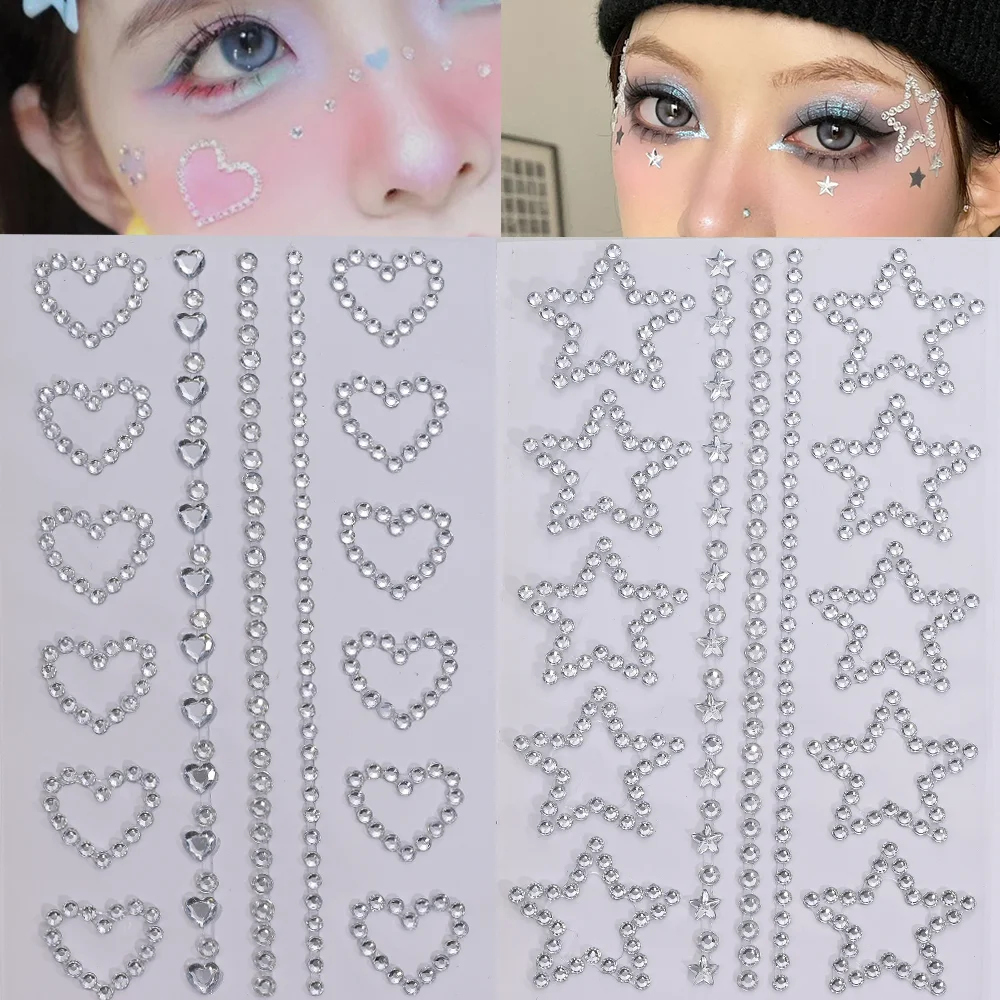 

1Pcs 3D Hollow Star/Heart Face Gem Tattoos Stickers Self-Adhesive Crystal Jewelry Tattoo DIY Eye/Body Makeup Decor Rhinestones *