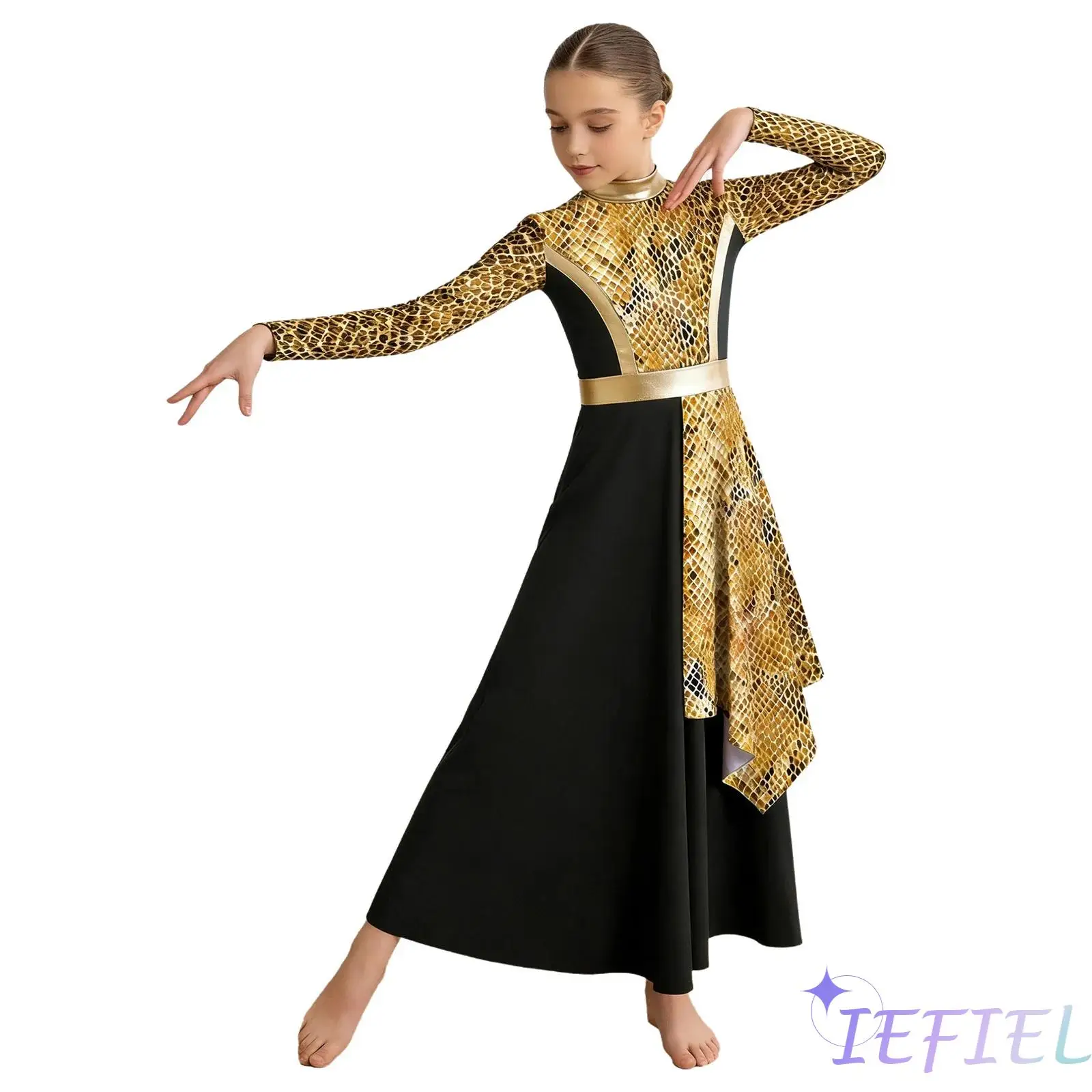 

Kids Girls Stylish Printed Praise Worship Dance Dress Mock Neck Long Sleeve Zipper Asymmetrical Drape Dress Modern Dancewear