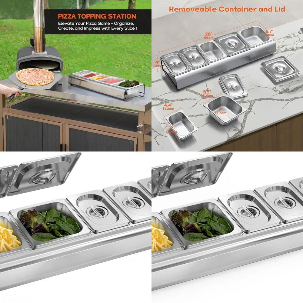 

Станция для нанесения пиццы с 5 отделениями из нержавеющей стали и крышками для наружных духовок и приготовления ингредиентов