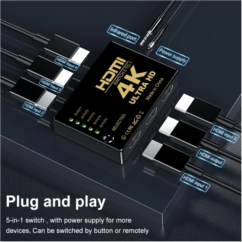 Selector de interruptor con 5 entradas en 1, Hub divisor HD 4K x 2K, conmutador compatible con HDMI con IR Remote 3D para PS3, Xbox 360, HDTV, 1x5 puertos