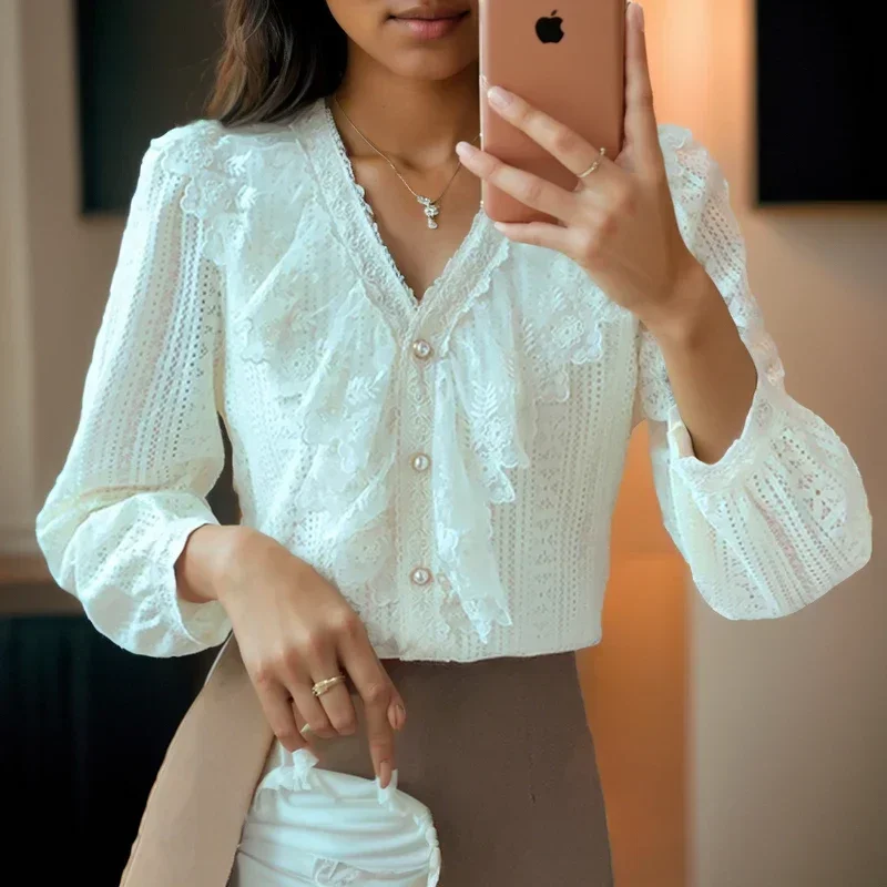 Fashon  V Neck Lace Blouse Women Office2023 Long Sleeve Elegant Apricot Lace Shirt Women New Button Up Tops Female Clothes 29746