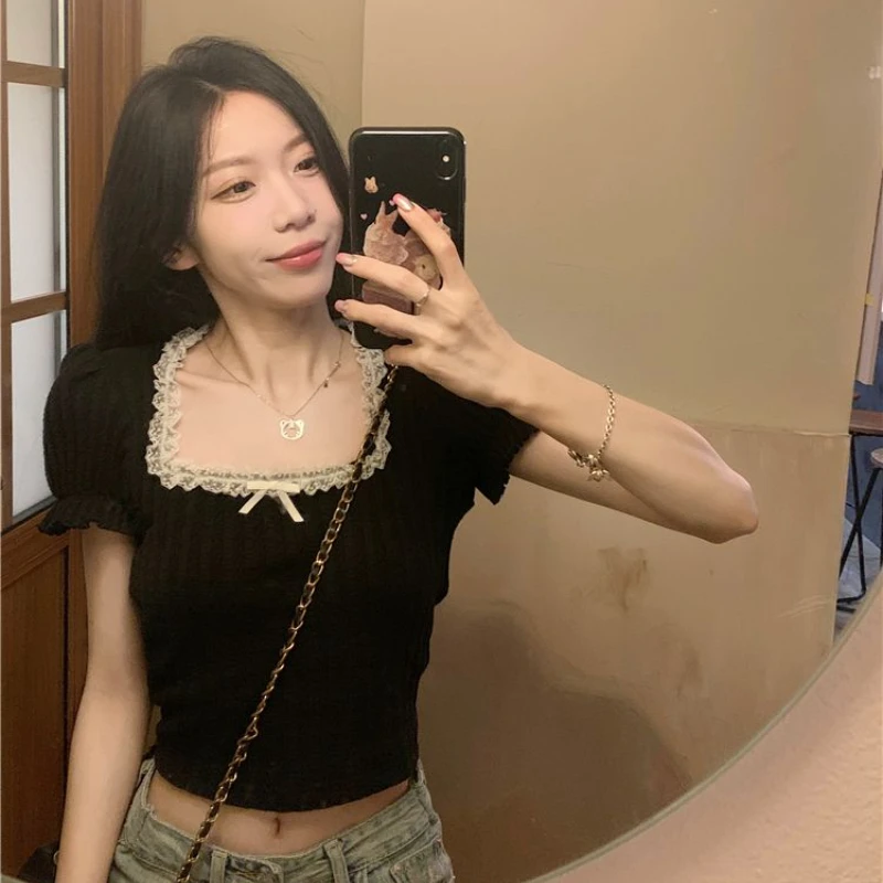 Black T-shirts Women Puff Sleeve Slim Chic Summer Aesthetic Lace Designed Vintage Crop Tops Leisure Elegant Lady Daily All-match