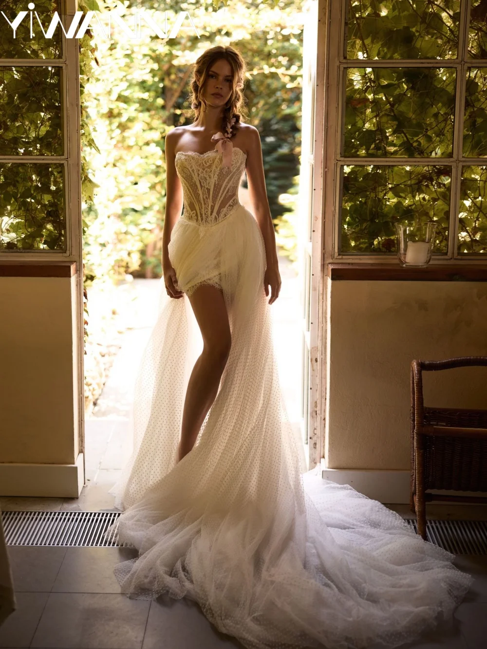 

Dreamy Polka dot Lace A-line Wedding Dress Sexy Strapless High Slit Bridal Gown 2026 Customized Floor-length Dresses For Bride