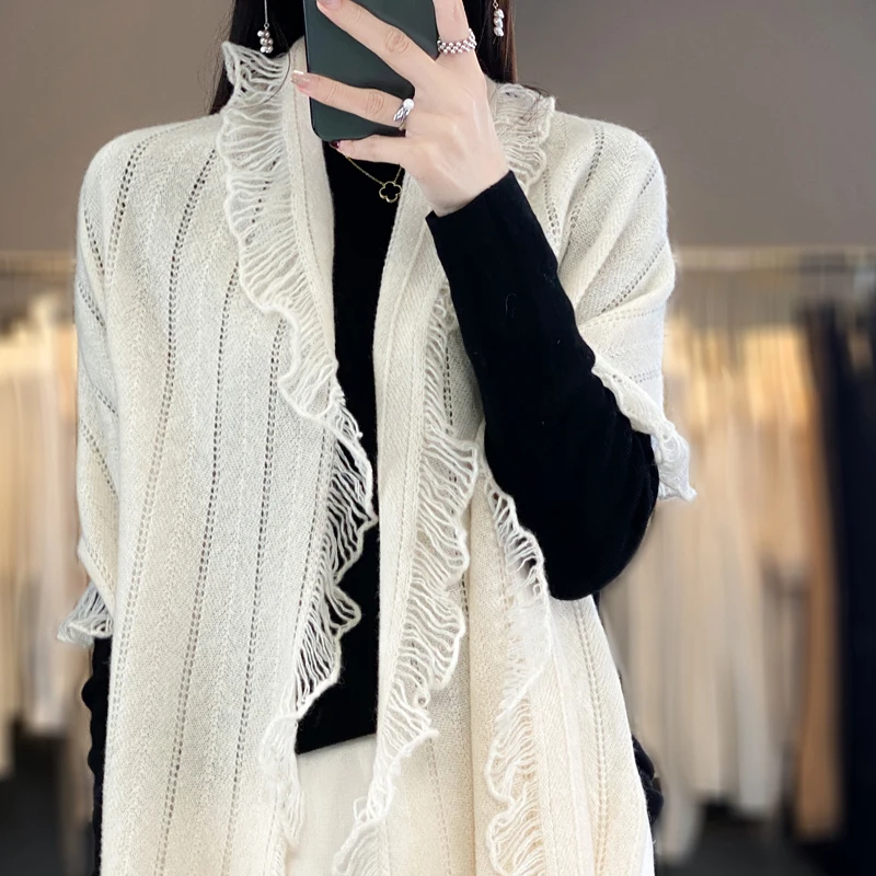 100% Pure Wool Tassel Shawl Women\'s Knitted Wispy Top Autumn Winter Warmth, Loose Fitting Shawl Scarf, Fashionable Korean