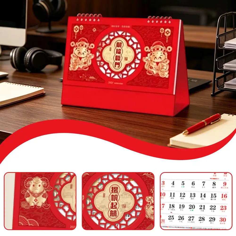 2027 Sheep Year Chinese Style Desk Calendar Traditional New Year Calendar for China Blessing Words Standing Flip Calendar